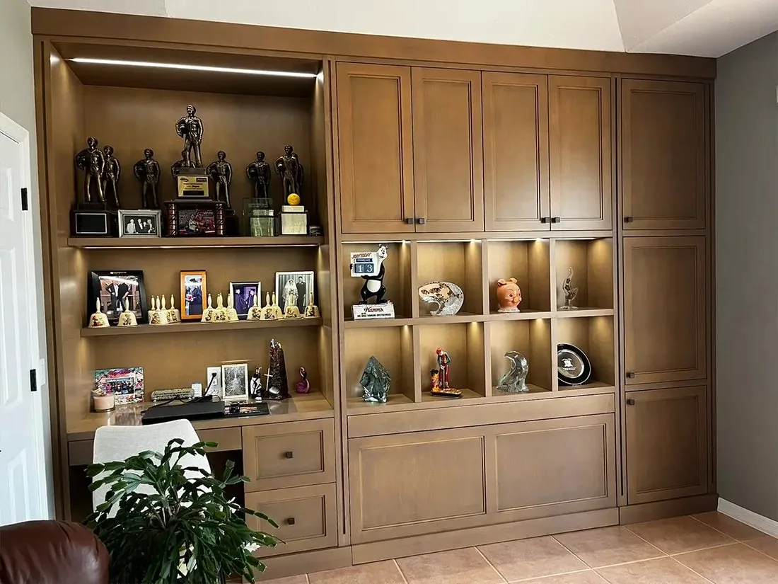 Snyder custom shelving wall in stained wood with integrated lighting